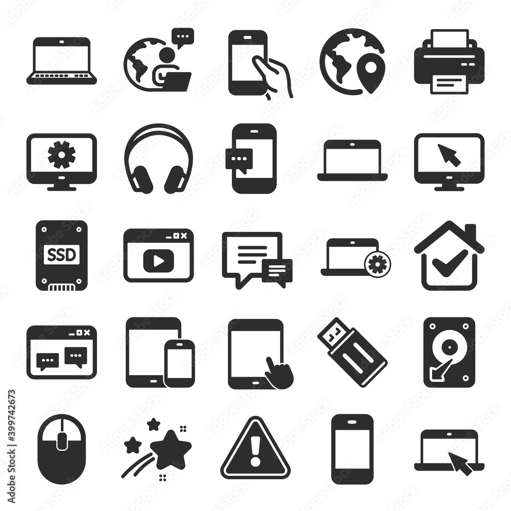 Mobile Devices icons. Set of Laptop, Tablet PC and Smartphone signs. HDD, SSD and Flash drives. Headphones, Printer devices and Mouse icons. Chat speech bubbles. Flat icon set. Vector Mobile Devices icons. Set of Laptop, Tablet PC and Smartphone signs. HDD, SSD and Flash drives. Headphones, Printer devices and Mouse icons. Chat speech bubbles. Flat icon set. Vector