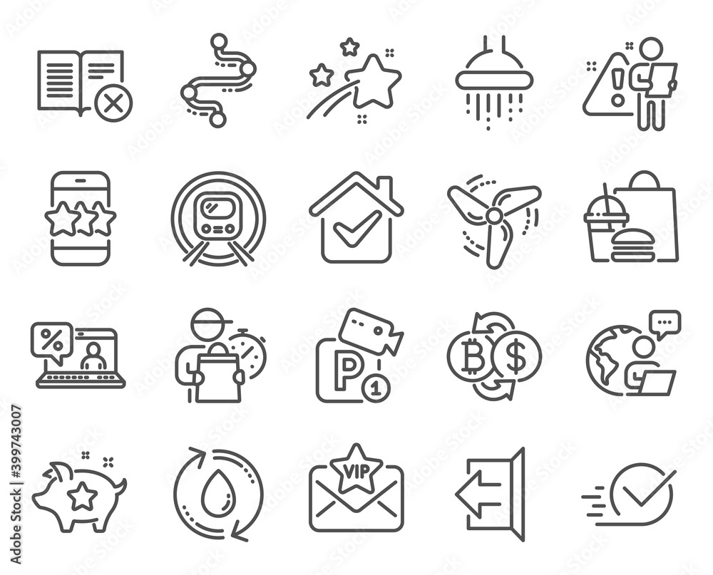 Technology icons set. Included icon as Star, Online loan, Wind energy signs. Checkbox, Parking security, Metro subway symbols. Bitcoin exchange, Shower, Refill water. Reject book, Timeline. Vector Technology icons set. Included icon as Star, Online loan, Wind energy signs. Checkbox, Parking security, Metro subway symbols. Bitcoin exchange, Shower, Refill water. Reject book, Timeline. Vector