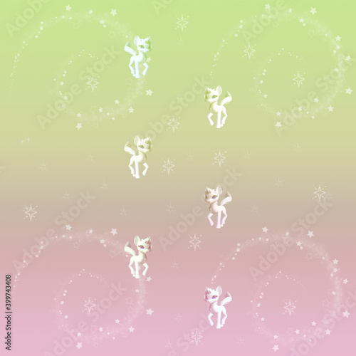 Fantasy Background with white unicorns pink and  yellow gradient background with swirls of stars scrapbook paper. Magical craft paper