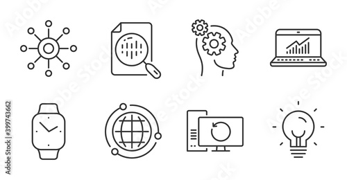 Recovery computer, Analytics chart and Multichannel line icons set. Energy, Thoughts and Online statistics signs. Smartwatch, Globe symbols. Backup info, Report analysis, Multitasking. Vector