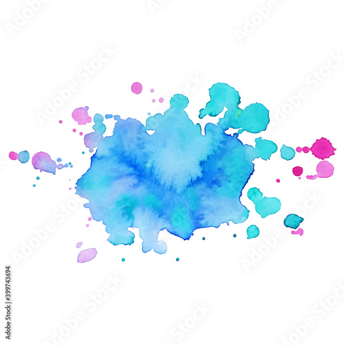 Abstrct watercolor spot with droplets, smudges, stains, splashes. Bright aquamarine blue color blot in grunge style.