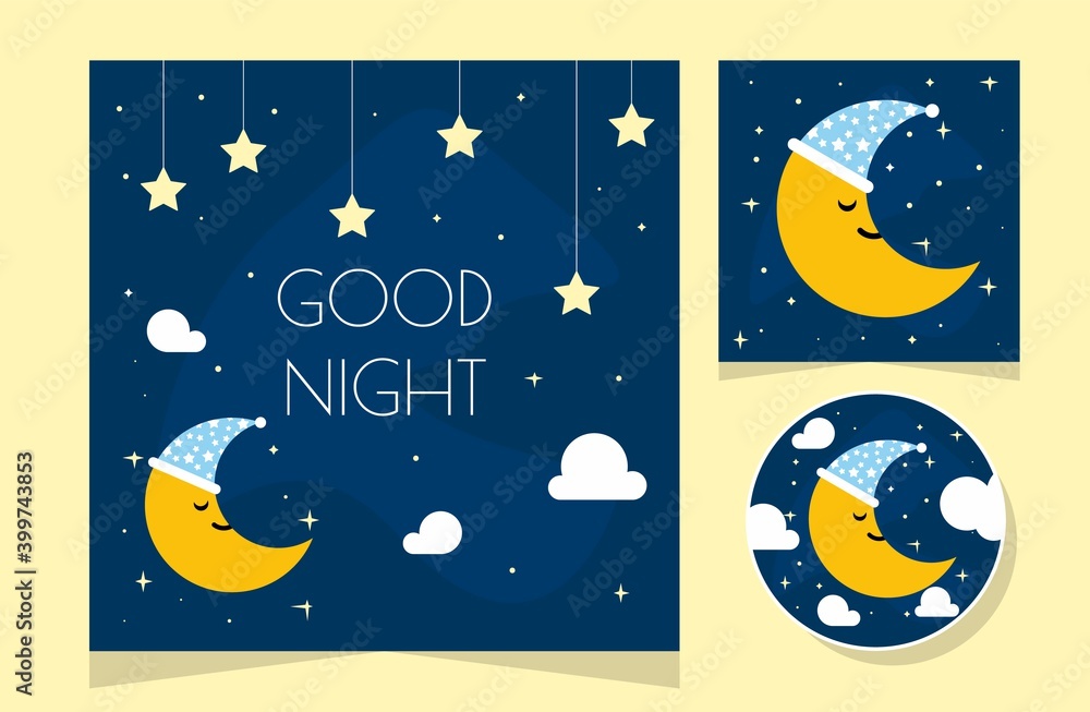Fototapeta premium Night scene with moon and stars. Nightly sky with large moon. Good night sky card.