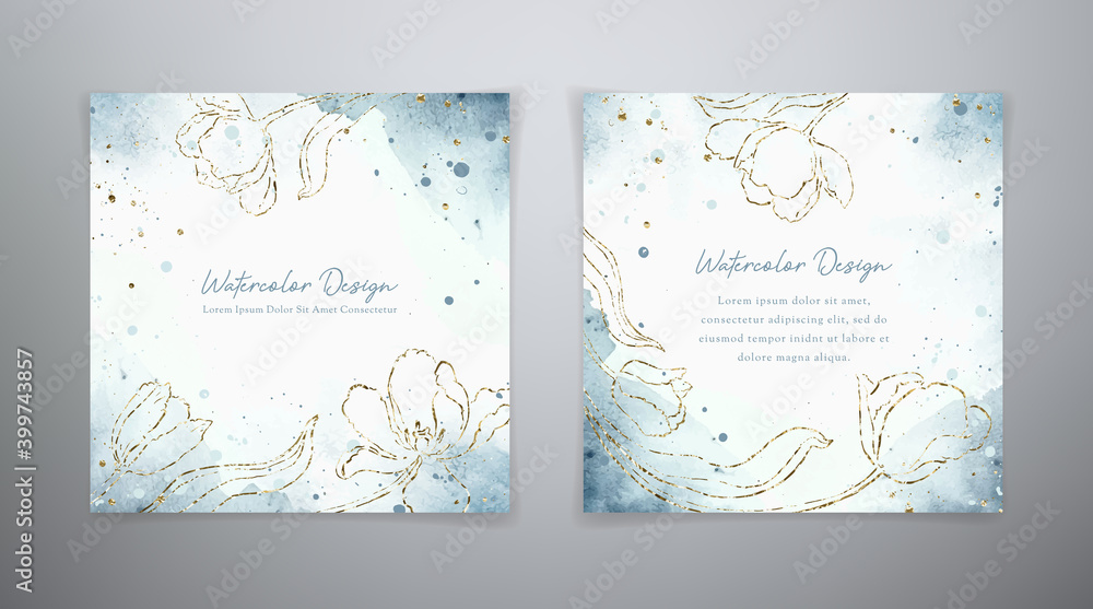 Spring floral cards. Set vector watercolor templates in blue and golden colors. Watercolor design with golden tulps