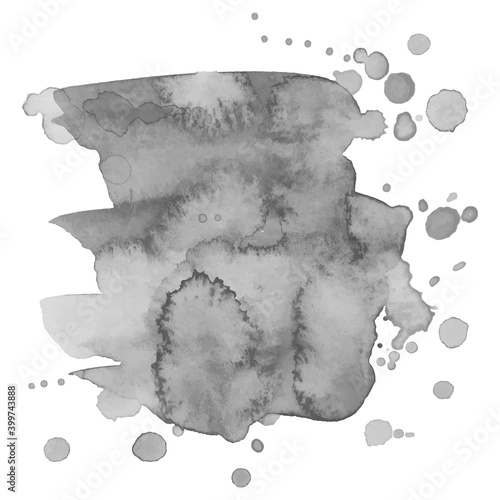 Gray watercolor spot with droplets, smudges, stains, splashes.