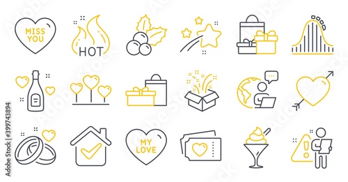 Set of Holidays icons, such as Shopping, Miss you, Love heart symbols. Hot sale, Roller coaster, Love signs. Gifts, Ice cream, Christmas holly. Gift, Marriage rings line icons. Line icons set. Vector