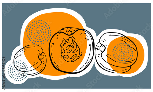 Abstract composition of hand drawn halved and whole peaches
