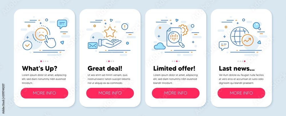 Set of Technology icons, such as Loyalty program, Dislike, Seo stats symbols. Mobile app mockup banners. World statistics line icons. Bonus star, Negative feedback, Cogwheel. Global report. Vector Set of Technology icons, such as Loyalty program, Dislike, Seo stats symbols. Mobile app mockup banners. World statistics line icons. Bonus star, Negative feedback, Cogwheel. Global report. Vector