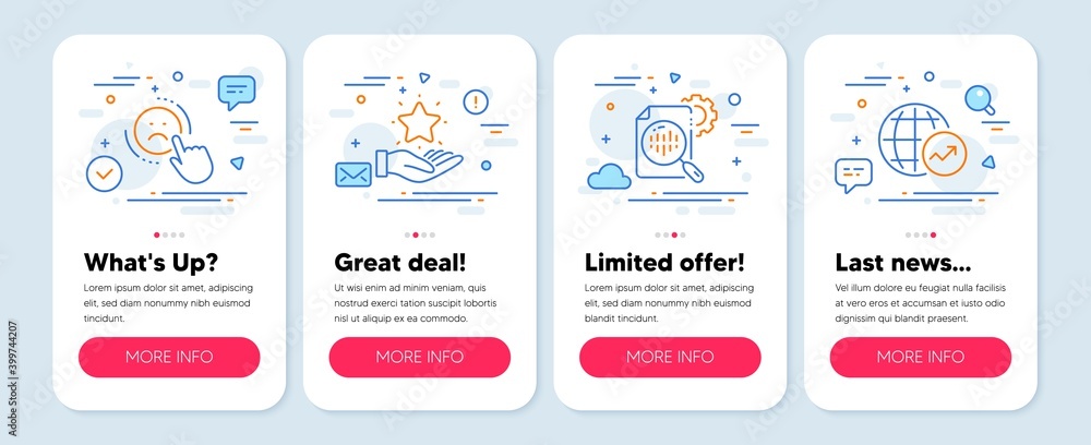 Set of Technology icons, such as Loyalty program, Dislike, Seo stats symbols. Mobile app mockup banners. World statistics line icons. Bonus star, Negative feedback, Cogwheel. Global report. Vector