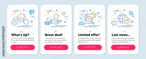 Set of Technology icons, such as Loyalty program, Dislike, Seo stats symbols. Mobile app mockup banners. World statistics line icons. Bonus star, Negative feedback, Cogwheel. Global report. Vector