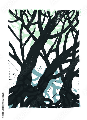 Linocut image of mystical trees with roots. Vector image of trees. Images of trees. Drawing of trees and roots.