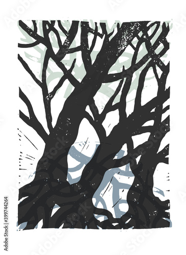 Linocut image of mystical trees with roots. Images of trees. Drawing of trees and roots.