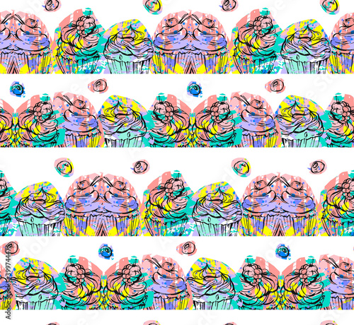 Seamless pattern made of cupcakes and cherries on a notebook. EPS 8 CMYK with global colors vector illustration.