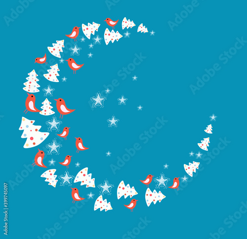 Moon shaped christmas decoration with birds, stars and fir trees. Blue backgr...