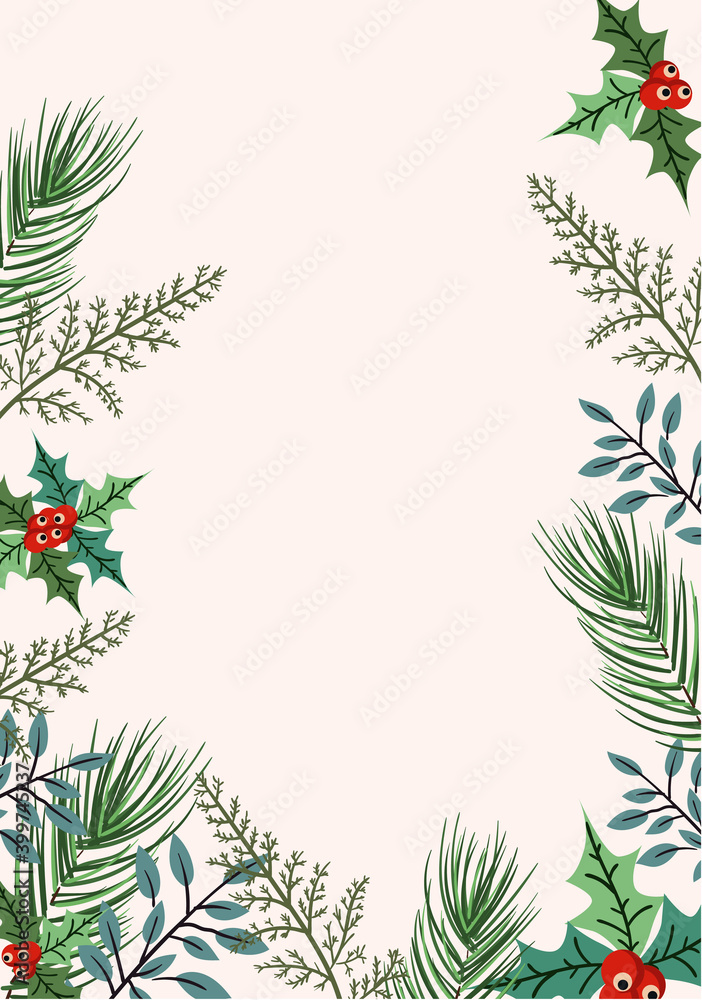 Christmas greeting card with berries and various green leaves and twigs