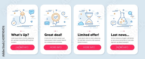 Set of Business icons, such as Swipe up, Time hourglass, Approved award symbols. Mobile screen mockup banners. Chemistry lab line icons. Scrolling page, Sand watch, Verification. Laboratory. Vector