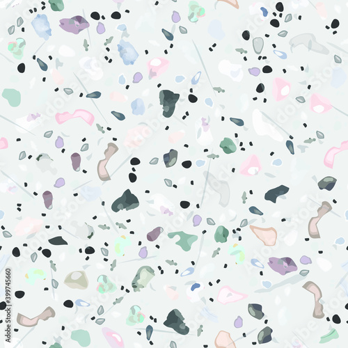 Terrazzo Texture Vector. Flooring Seamless Pattern. Floor Granite Textured. Stone, Rock, Marble Textile Background. Natural Pavement, Mosaic Template. Quartz, Pebble Tile. Design Interior Decor.