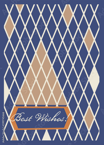 Best wishes greeting card with triangles decorations. Blue and beige color