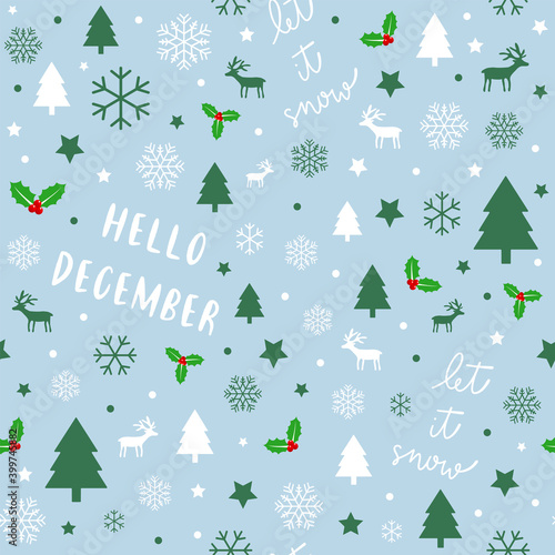 Hello December and let it snow hand lettering with Christmas seamless background