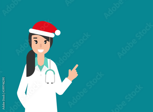 Woman doctor with Christmas Santa hat on blue background. Winter precautions list.