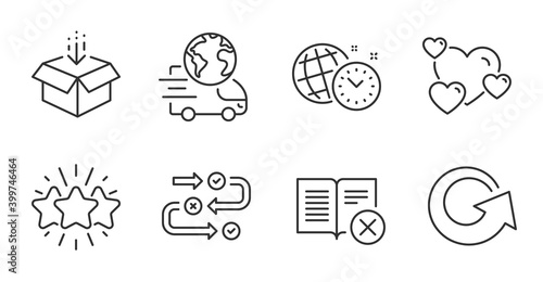 Get box, Time management and Heart line icons set. Reload, Reject book and Delivery service signs. Survey progress, Star symbols. Send package, World clock, Love rating. Business set. Vector