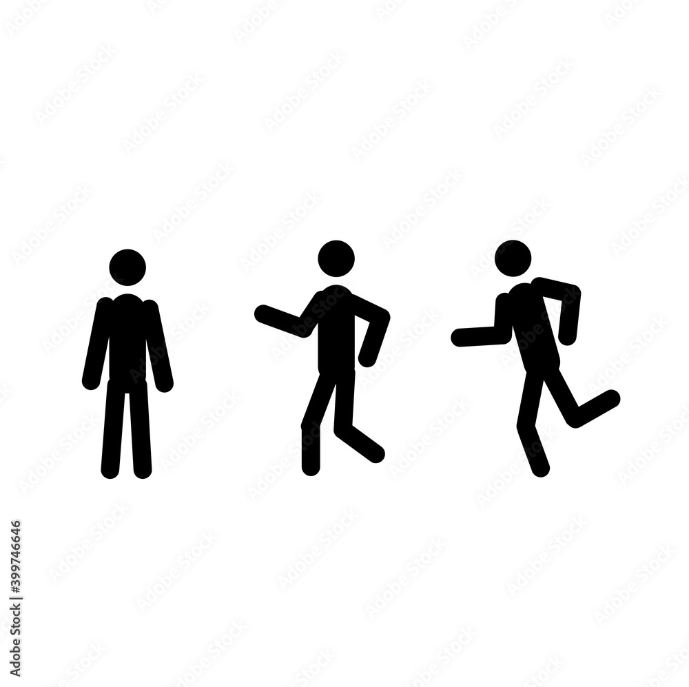 stick man stands, walks, runs isolated on white background. stick man stands, walks, runs isolated on white background.