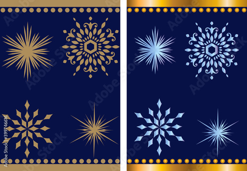 Christmas golden frame set of winter snowflakes in various shapes