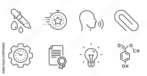 Paper clip, Time management and Certificate line icons set. Timer, Human sing and Idea signs. Chemistry pipette, Chemical formula symbols. Attach paperclip, Settings, Diploma. Education set. Vector