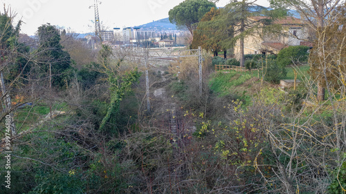 Old abandoned railway between vegetation