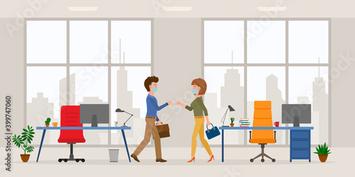Coronavirus prevention cartoon character male and female bumping fists, saying hello in modern office room vector set. Safe handshake, keep distance, wear mask at workplace on cityscape background
