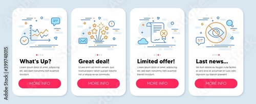 Set of Business icons, such as Fireworks stars, Reject certificate, Diagram chart symbols. Mobile screen banners. Not looking line icons. Pyrotechnic salute, Decline file, Presentation graph. Vector