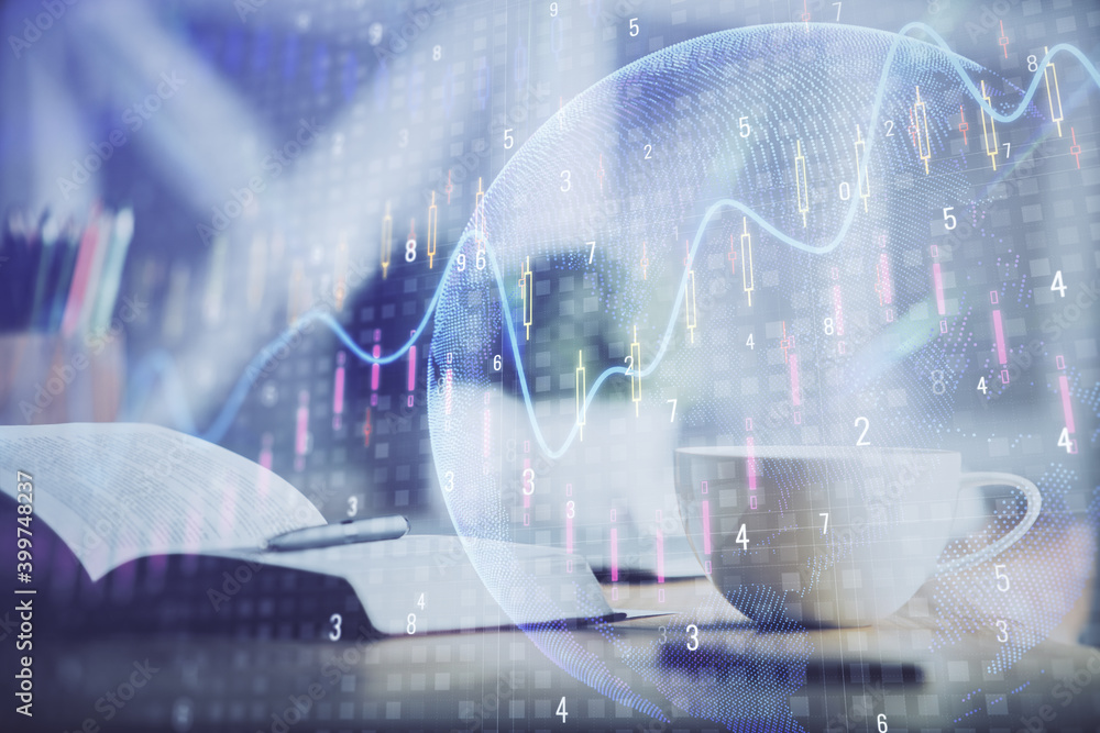 Multi exposure of forex graph drawing and desktop with coffee and items on table background. Concept of financial market trading Multi exposure of forex graph drawing and desktop with coffee and items on table background. Concept of financial market trading