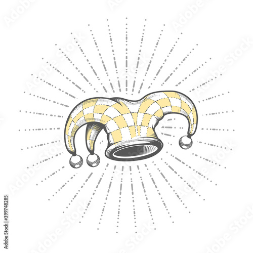 Jester hat, fools' day symbol, joker hat with bells, harlequin headwear in graphic style, vector