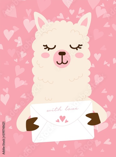 Valentines day card with cute funny llama holds love letter with hearts. Hand drawn vector illustration. Scandinavian style flat design. Concept for children holiday print