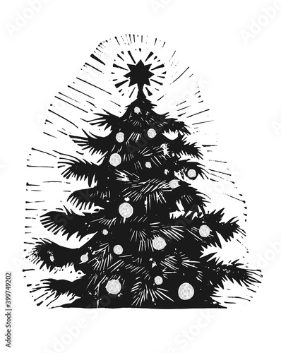 Linocut image of a Christmas tree. Picture of a Christmas tree with toys.