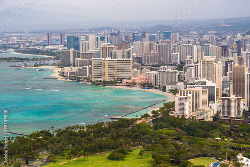 Waikiki Beach, Waikiki town, and Honolulu area, Oahu, Hawaii