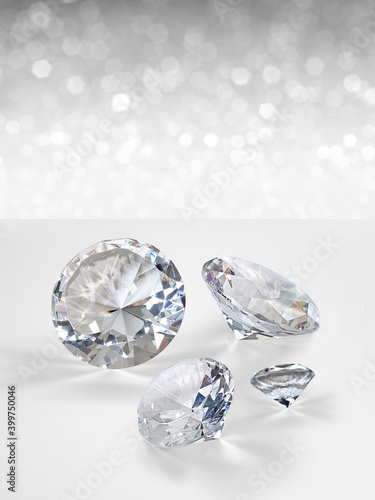 Dazzling diamond on white shining bokeh background. concept for chossing best diamond gem design
