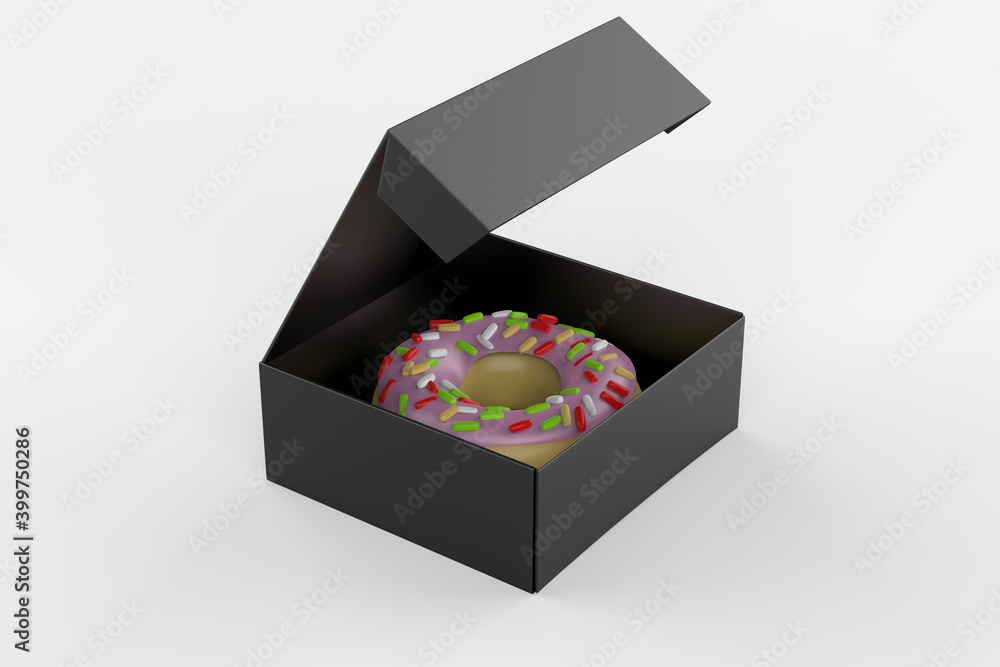 Donuts glazed with colorful sugar icing and topped with sprinkles lying in carton box and isolated on white background. 3d illustration Donuts glazed with colorful sugar icing and topped with sprinkles lying in carton box and isolated on white background. 3d illustration