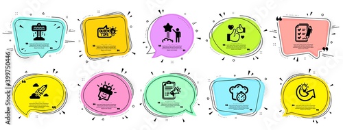 Technology icons set. Speech bubble offer banners. Vector coupon badge. Included icon as Star, Megaphone checklist, Smile signs. Share idea, Survey checklist, Attraction symbols. Vector