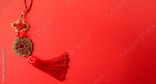 Chinese good luck symbol for chinese new year decoration on red background. Flat lay, top view with space for text.