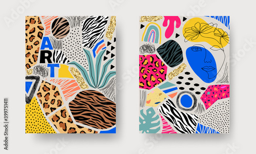 Abstract contemporary art posters with patchwork, plants, animal pattern, geometric shapes, lines, textures. Trendy modern backgrounds for fashion print, wall decoration, postcard, brochure cover