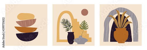 Modern set of abstract contemporary aesthetic backgrounds with geometric balance shapes, stairs, plants, pots. Trendy mid century modern art poster prints, boho minimalistic wall decor
