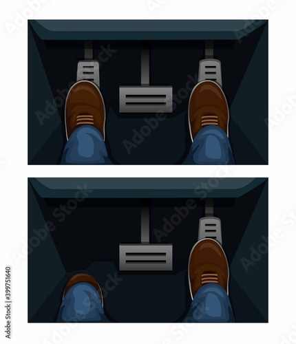 Car gas pedal comparison in matic and manual transmission symbol concept illustration in cartoon vector
