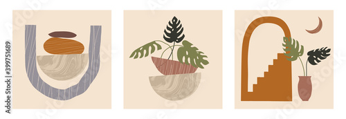 Modern set of abstract contemporary aesthetic backgrounds with geometric balance shapes, stairs, plants, pots. Trendy mid century modern art poster prints, boho minimalistic wall decor