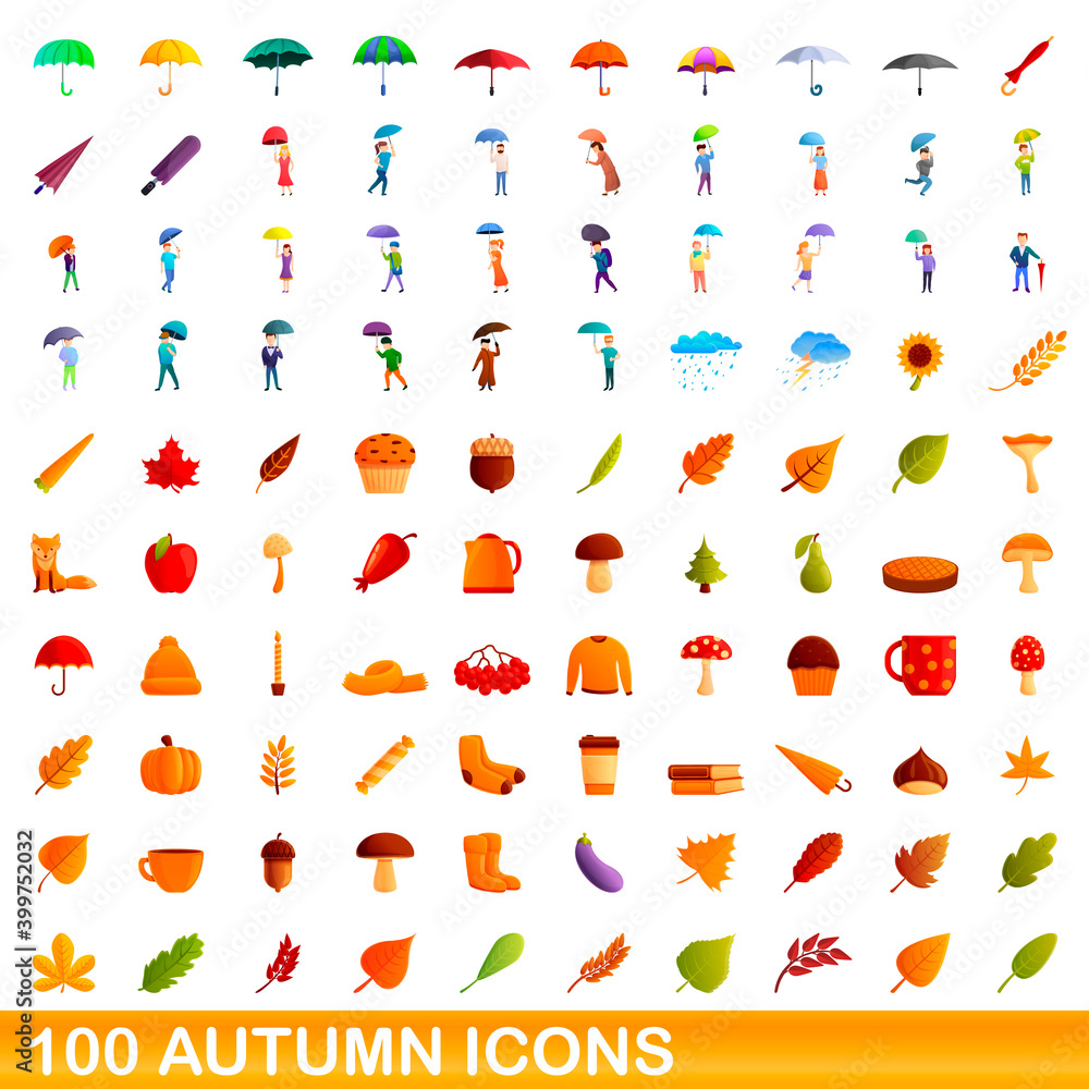 100 autumn icons set. Cartoon illustration of 100 autumn icons vector set isolated on white background 100 autumn icons set. Cartoon illustration of 100 autumn icons vector set isolated on white background