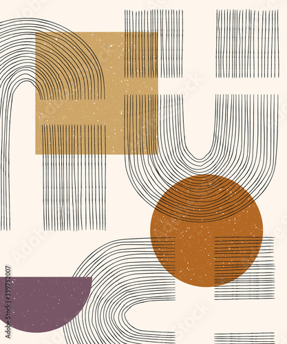 Vector contemporary illustration with aesthetic hand drawn abstract shapes and geometric elements. Creative Mid Century minimalist bohemian contemporary design, print, poster, cover, background