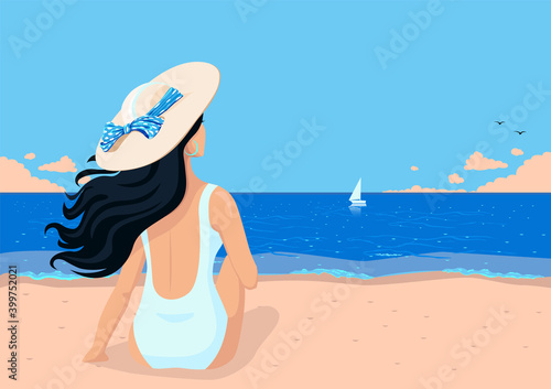 A girl sits on the beach in a swimsuit and a hat and looks at the sea. Summer travel and recreation. Vector illustration.