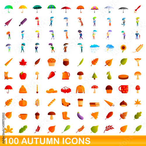 100 autumn icons set. Cartoon illustration of 100 autumn icons vector set isolated on white background