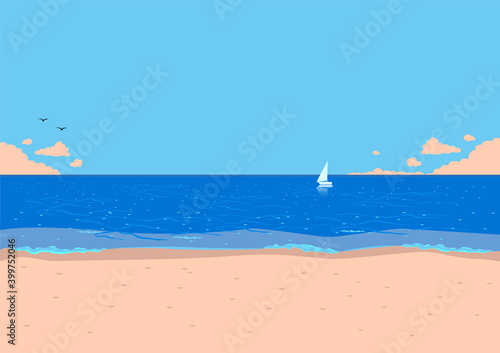 Seascape with beach, shining sea and sailboat. Summer travel and recreation. Background vector illustration.