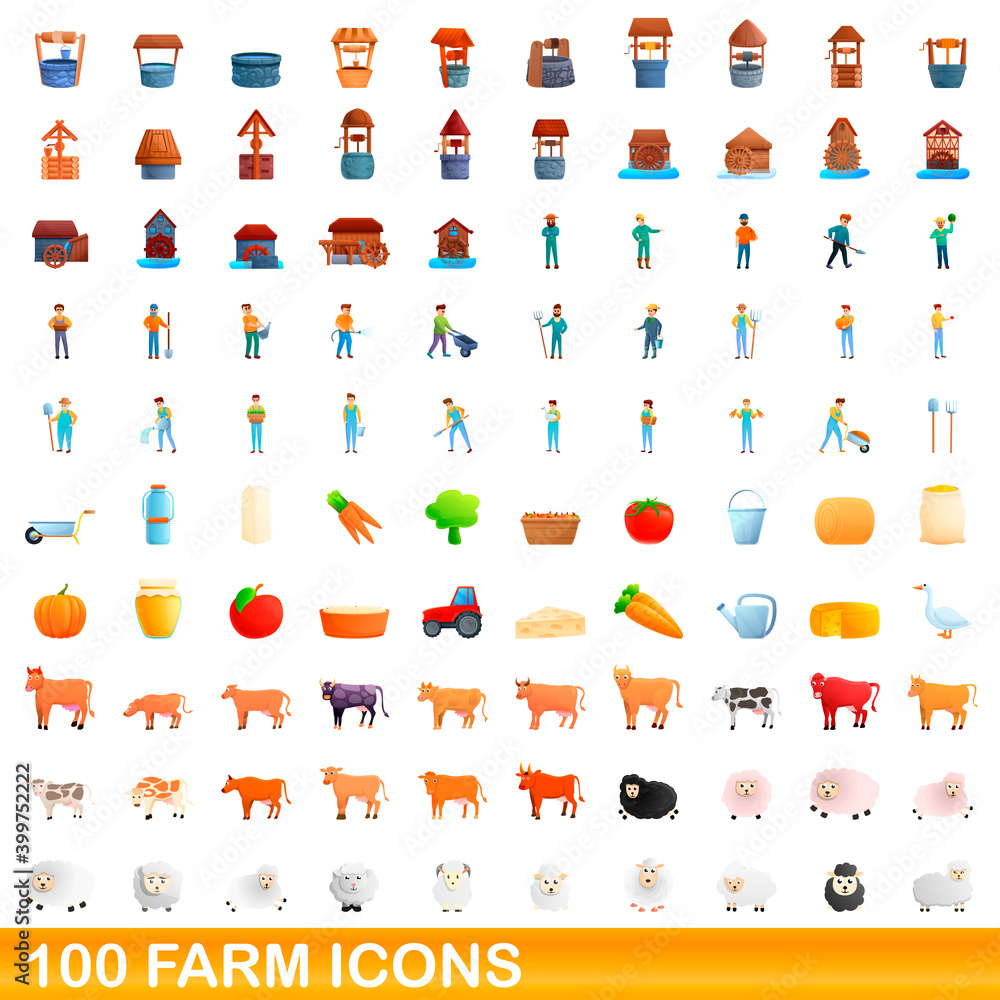 100 farm icons set. Cartoon illustration of 100 farm icons vector set isolated on white background 100 farm icons set. Cartoon illustration of 100 farm icons vector set isolated on white background