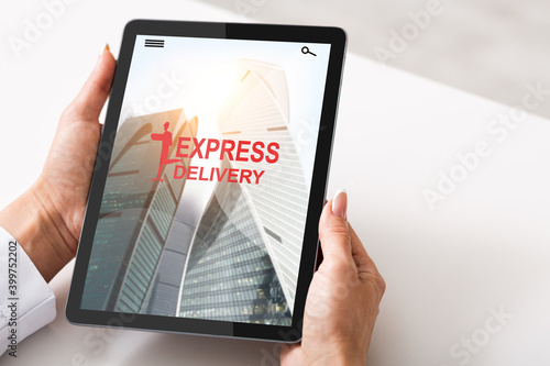Express Delivery App Interface Opened On Digital Tablet In Female Hands, Collage